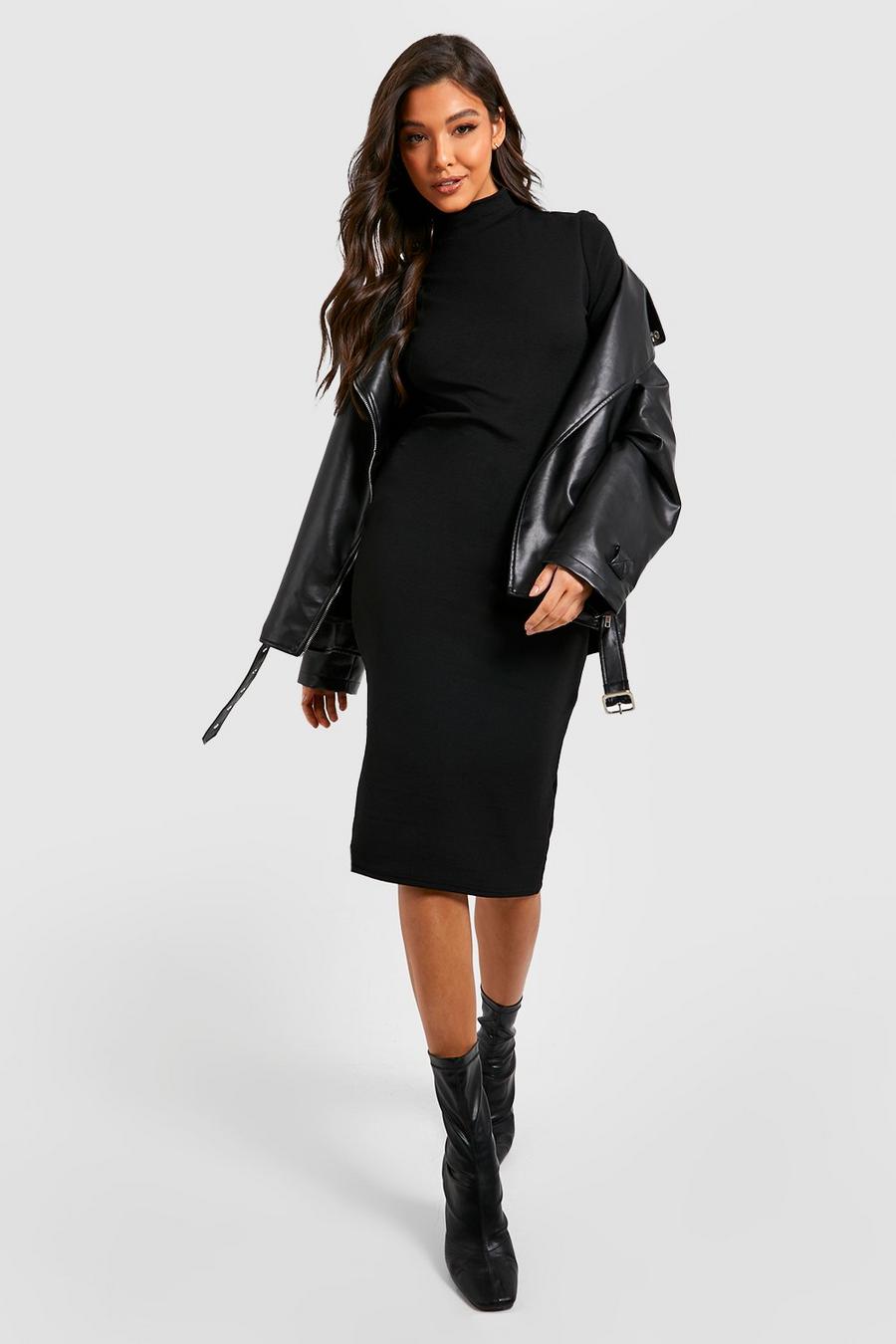 Black High Neck Short Sleeve Midi Dress image number 1
