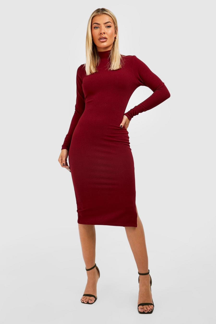 Berry High Neck Long Sleeve Midi Dress image number 1