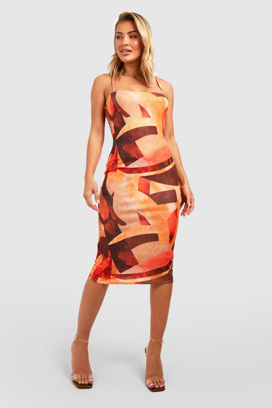 Orange Abstract Ribbed Square Neck Bodycon Dress image number 1
