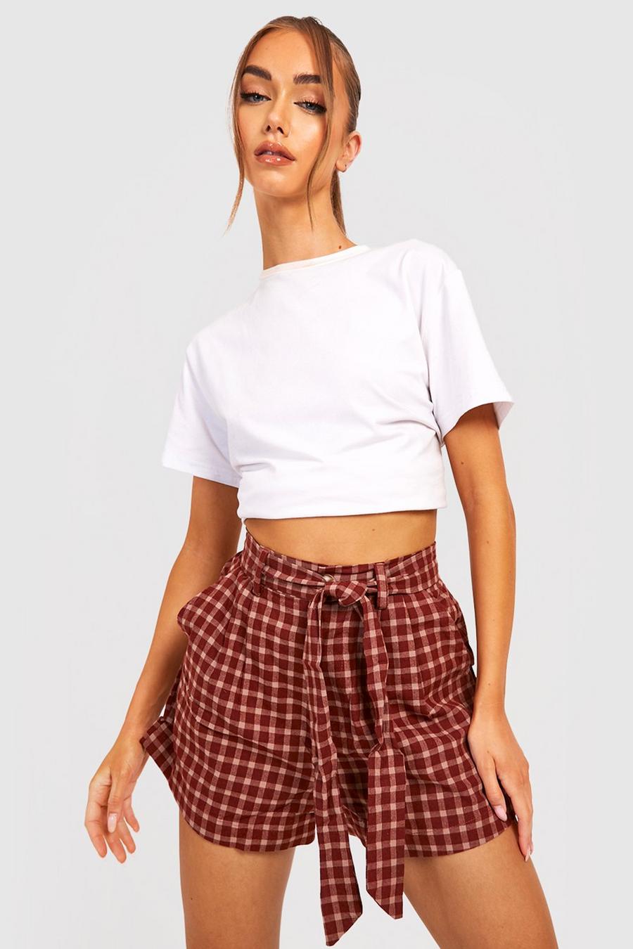 Rust High Waisted Check Print Shorts image number 1