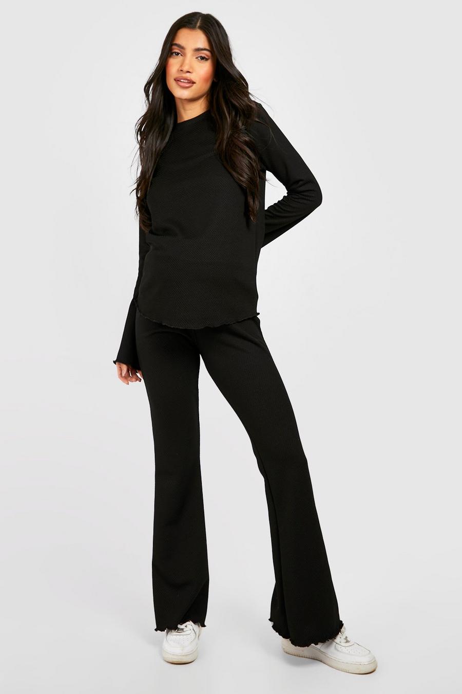 Black Maternity Crinkle Rib Flare Loungewear Set image number 1