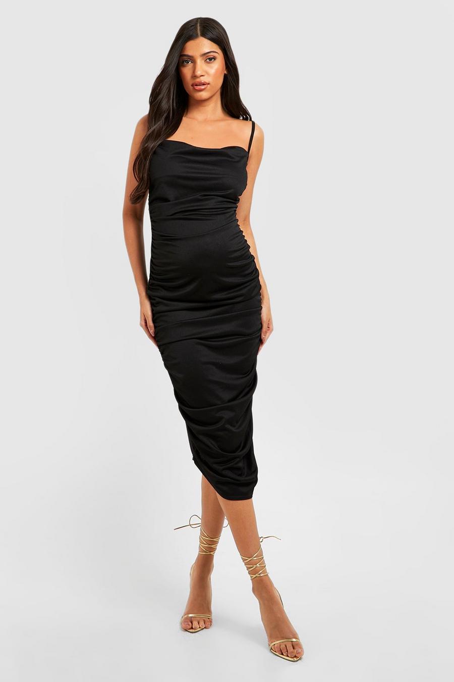Black Maternity Cowl Ruched Midi Dress image number 1
