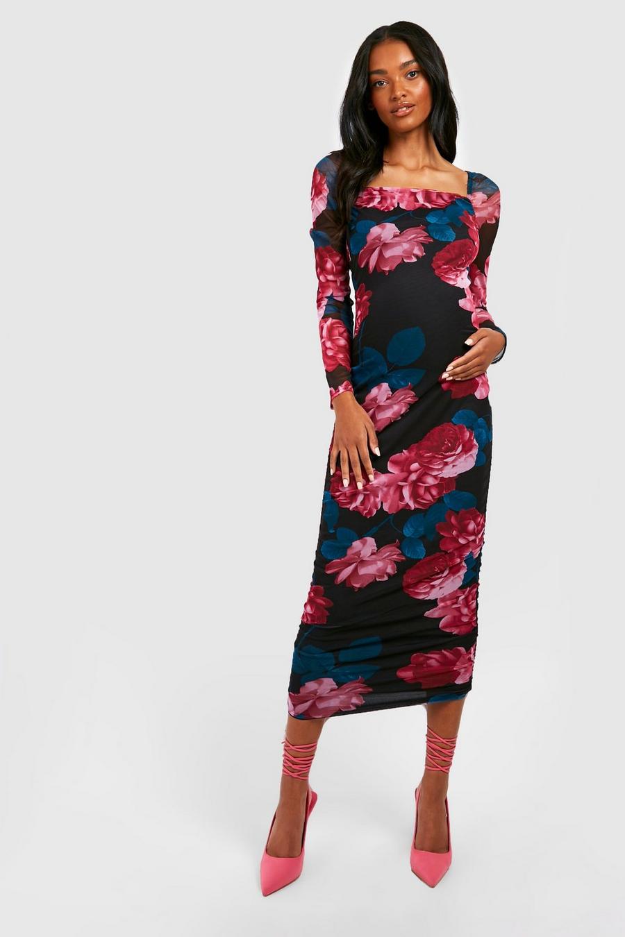 USA 6. Boohoo "NUIT" Rose Floral Robe Moulante Taille 10 UE 38 
