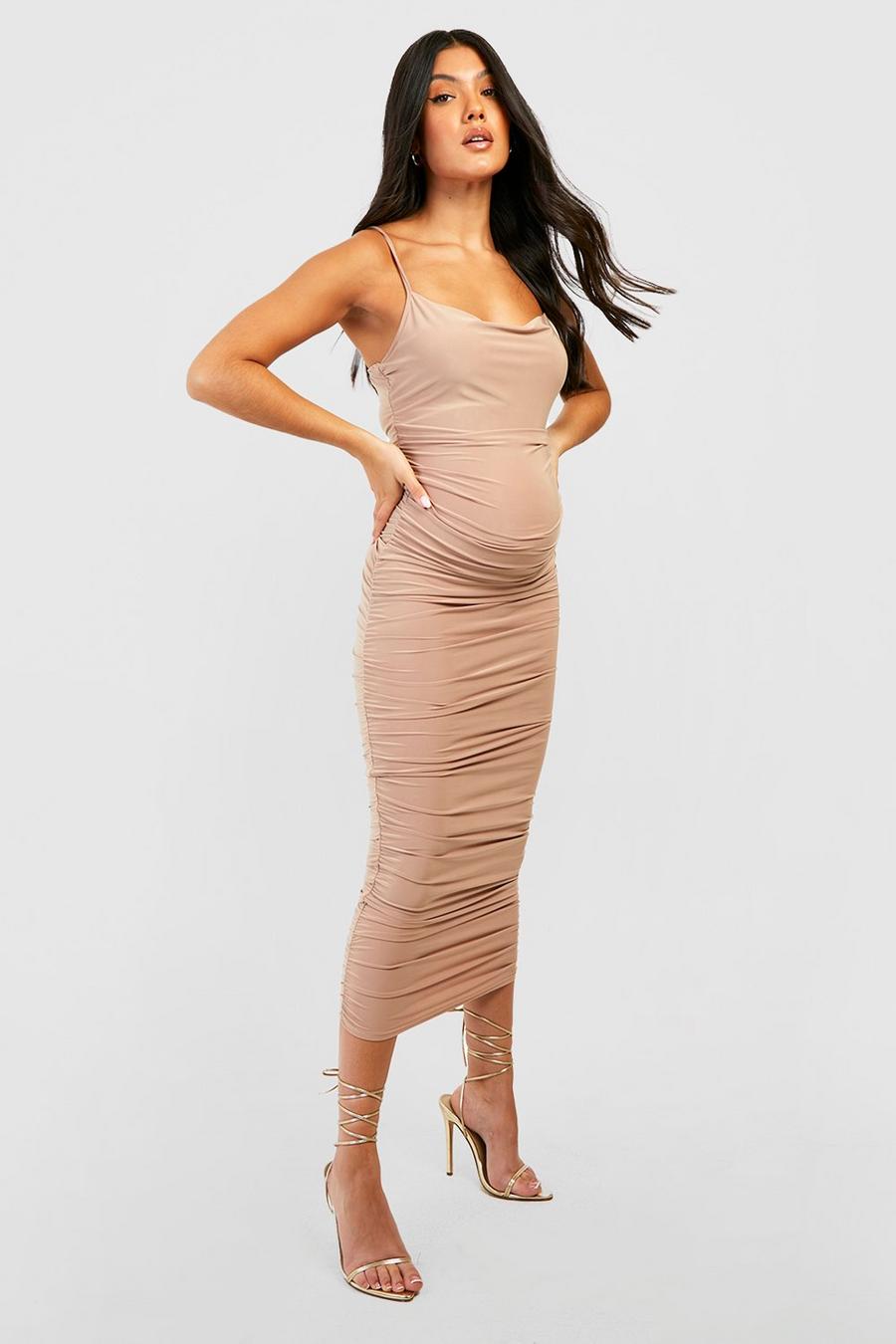 Stone Maternity Cowl Ruched Midi Dress image number 1