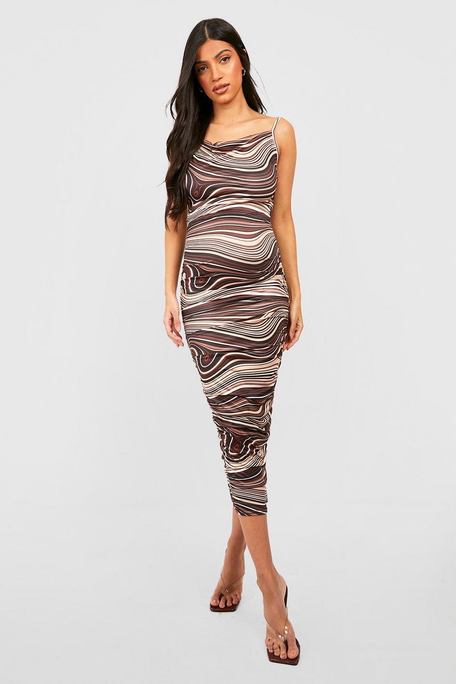 Brown Maternity Marble Cowl Ruched Midi Dress image number 1