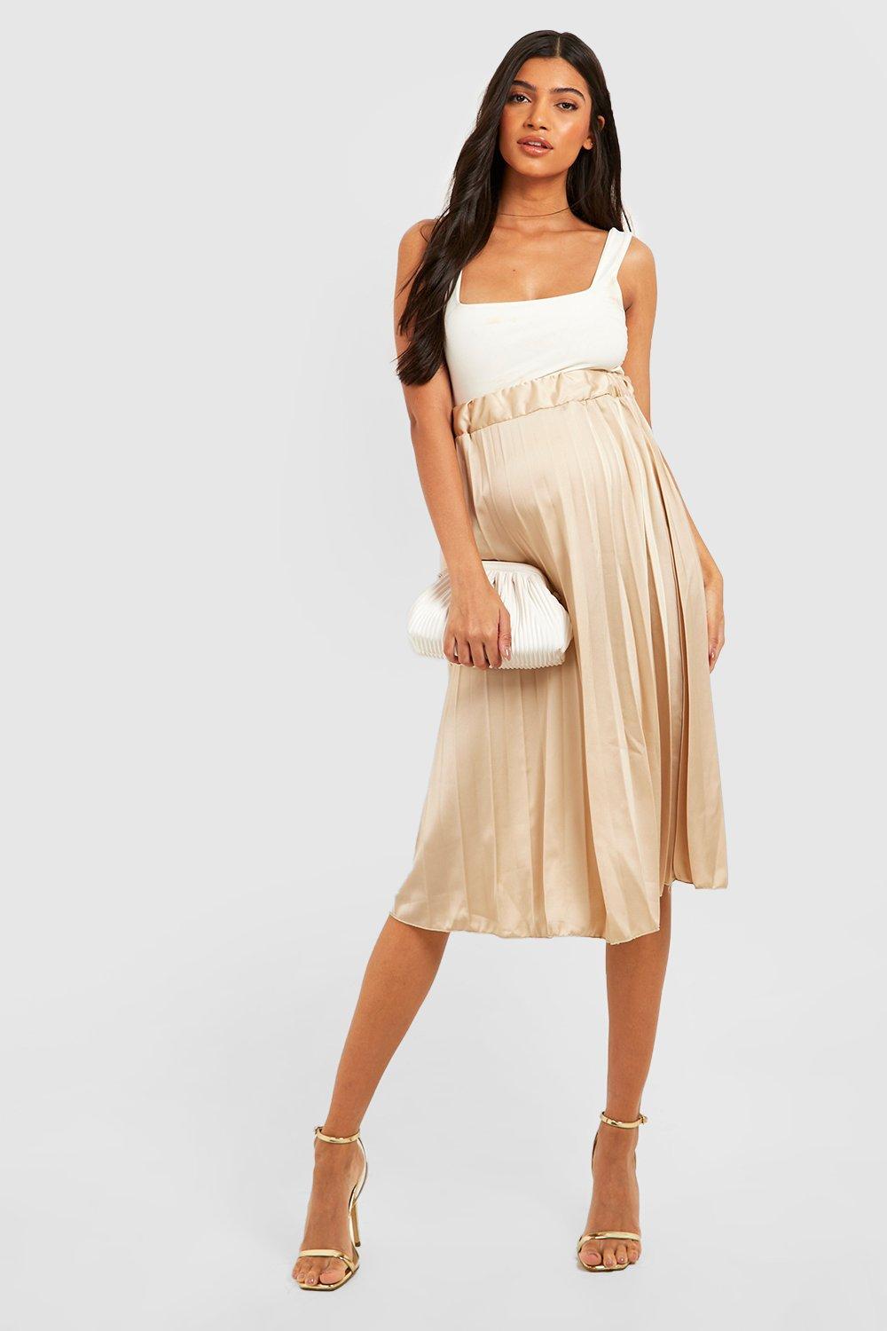 ASOS DESIGN pleated skirt in mid length in beige