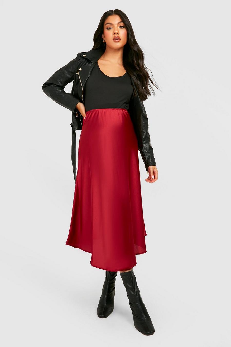 Wine red Maternity Satin Slip Midi Skirt image number 1
