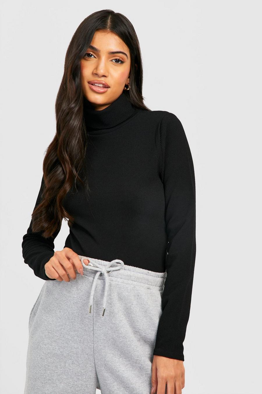 Black Maternity Crinkle Rib Roll Neck Top image number 1