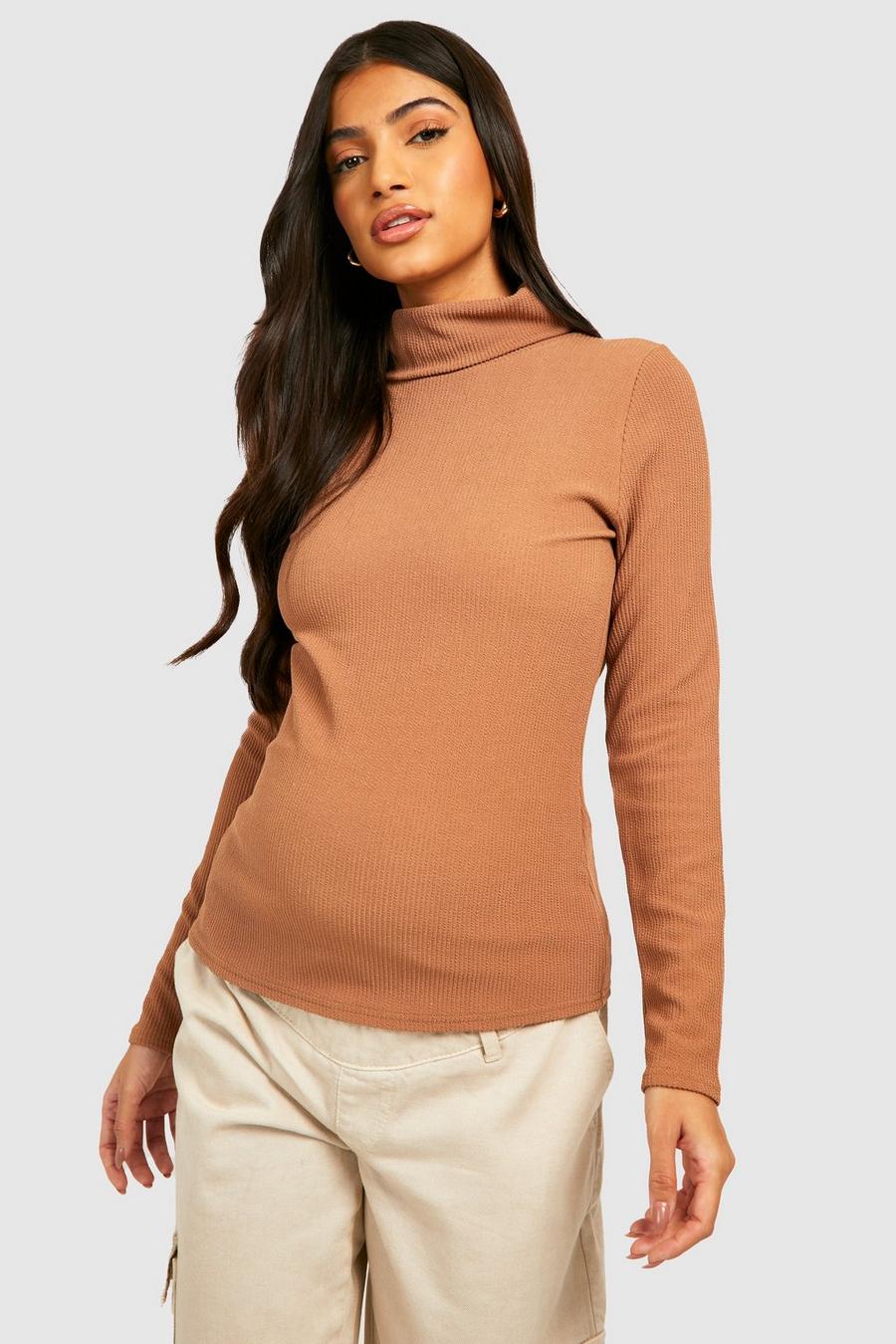 Camel Maternity Crinkle Rib Roll Neck Top image number 1