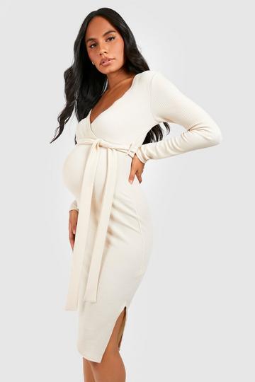 Maternity Crinkle Rib Belted Midi Dress ecru