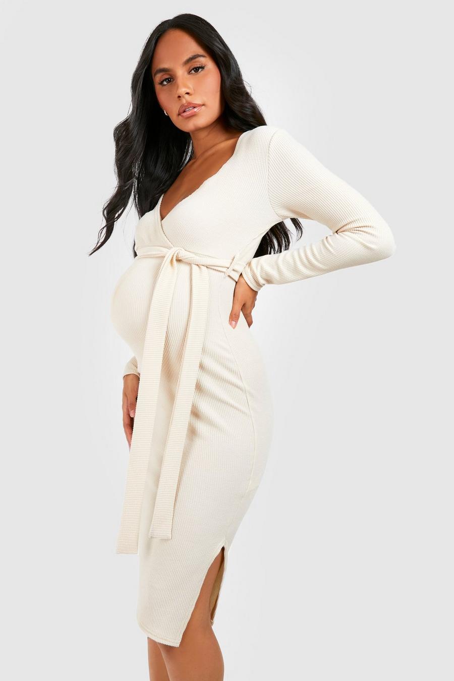 Ecru white Maternity Crinkle Rib Belted Midi Dress image number 1