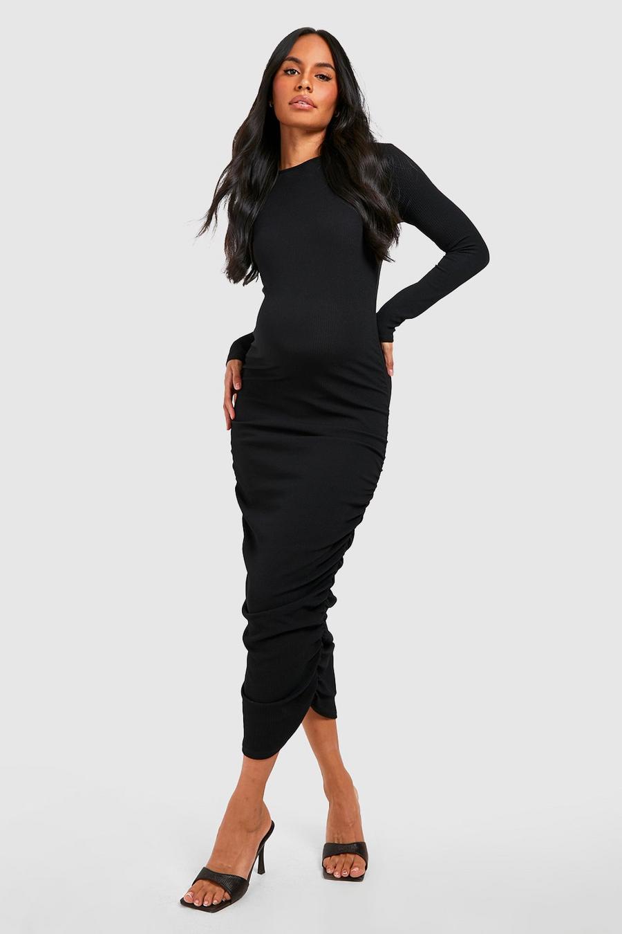 Black Maternity Crinkle Rib Ruched Midi Dress image number 1