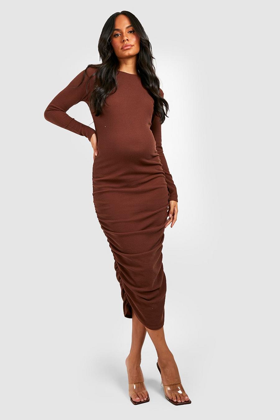 Chocolate brown Maternity Crinkle Rib Ruched Midi Dress