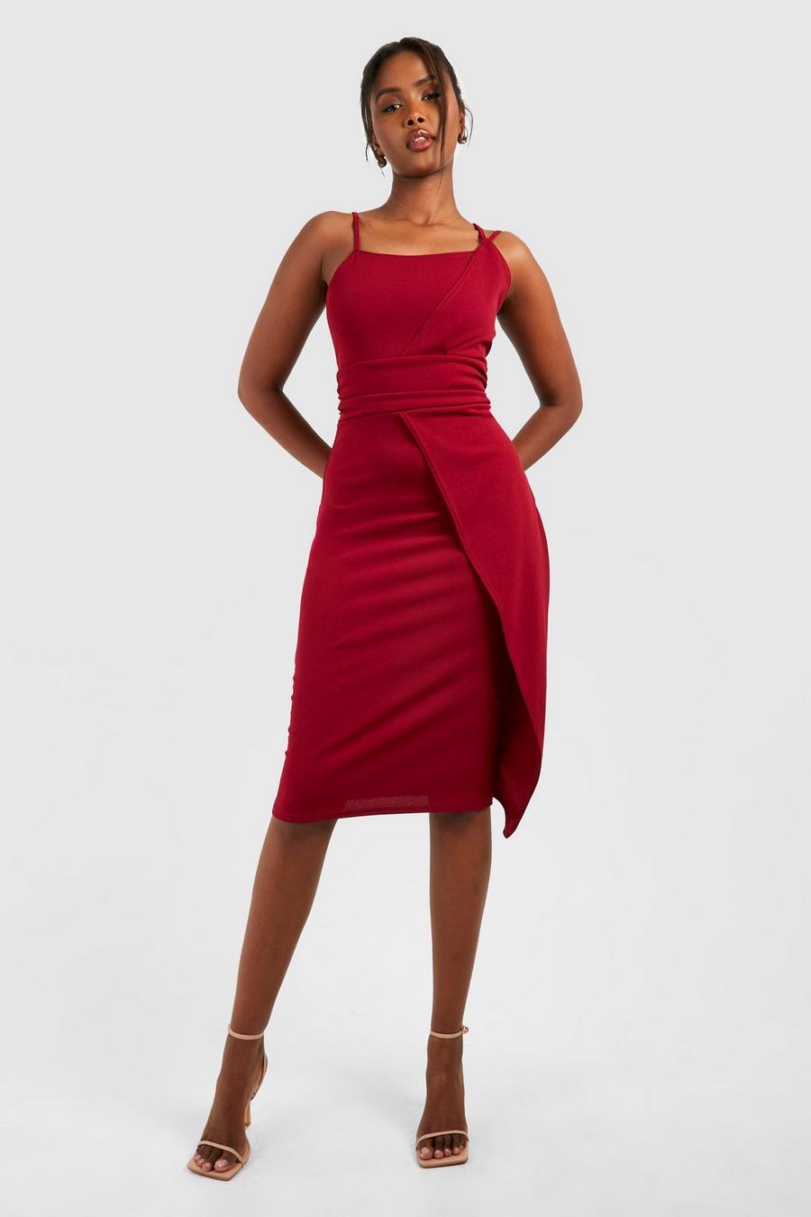 Berry Asymmetric Bust Detail Midi Dress