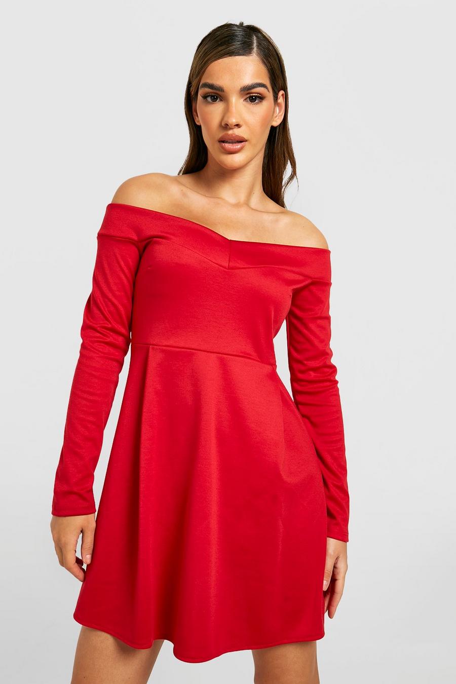 Red rosso Off The Shoulder Long Sleeve Skater Dress