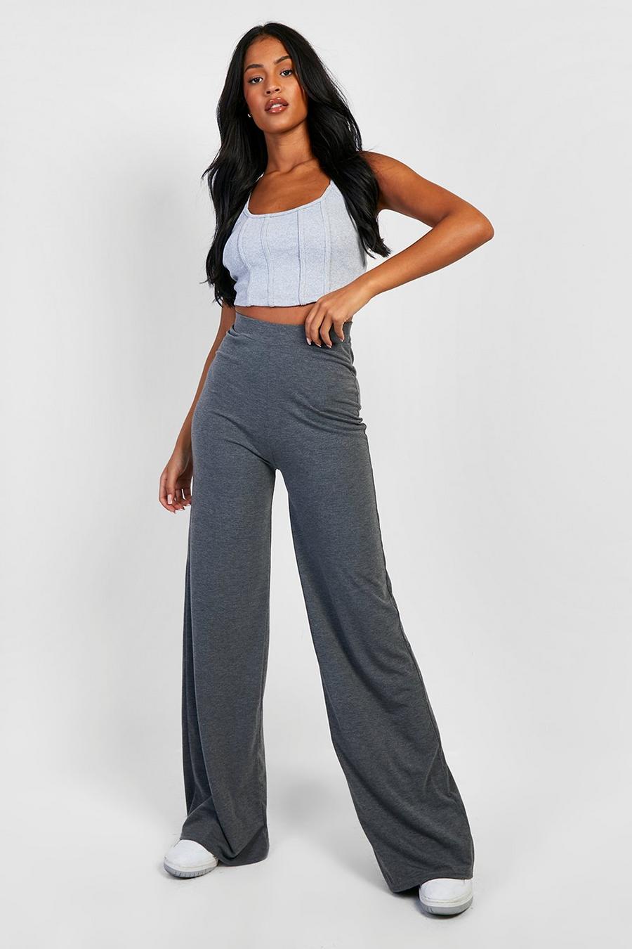 Charcoal grey Tall Basics Wide Leg High Waisted Jersey Trousers