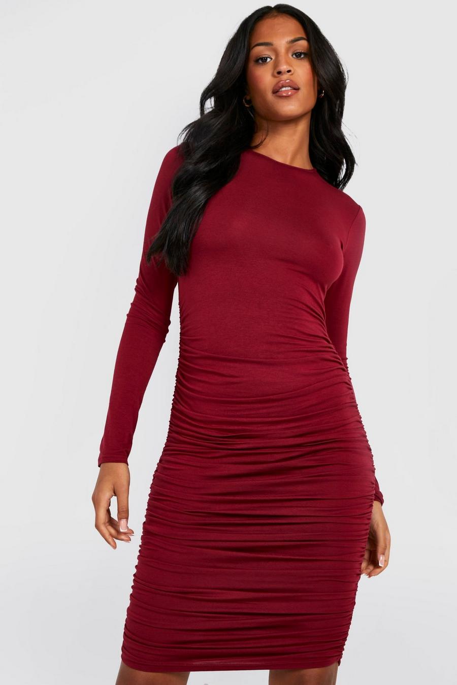 Wine red Tall Ruched Side Longsleeve Mini Dress