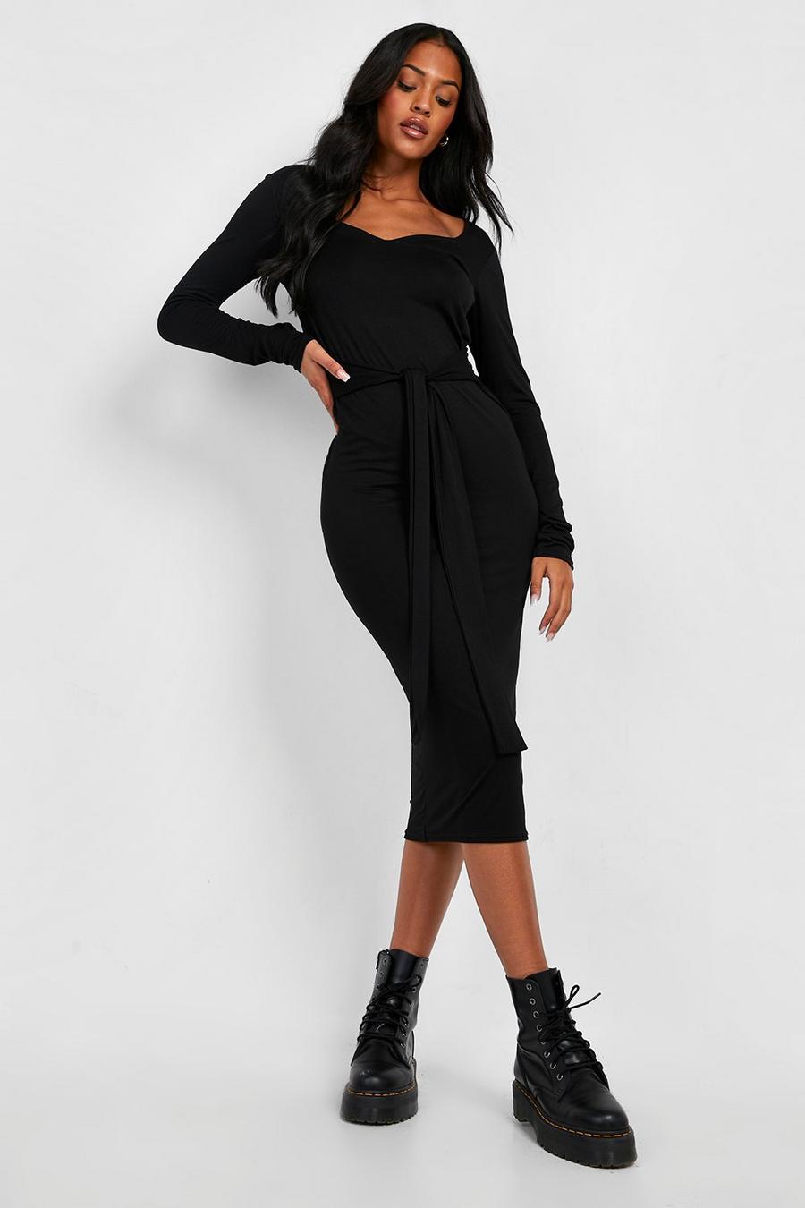 Black Tall Sweetheart Longsleeve Belted Bodycon Dress image number 1