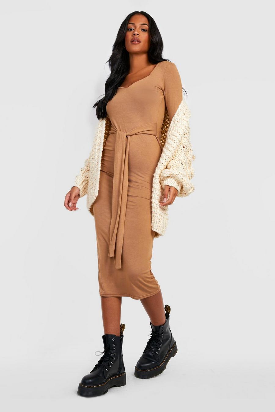 Camel Tall Sweetheart Longsleeve Belted Bodycon Dress image number 1