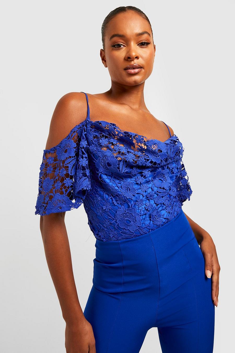Navy Tall Lace Cold Shoulder Cowl Bodysuit