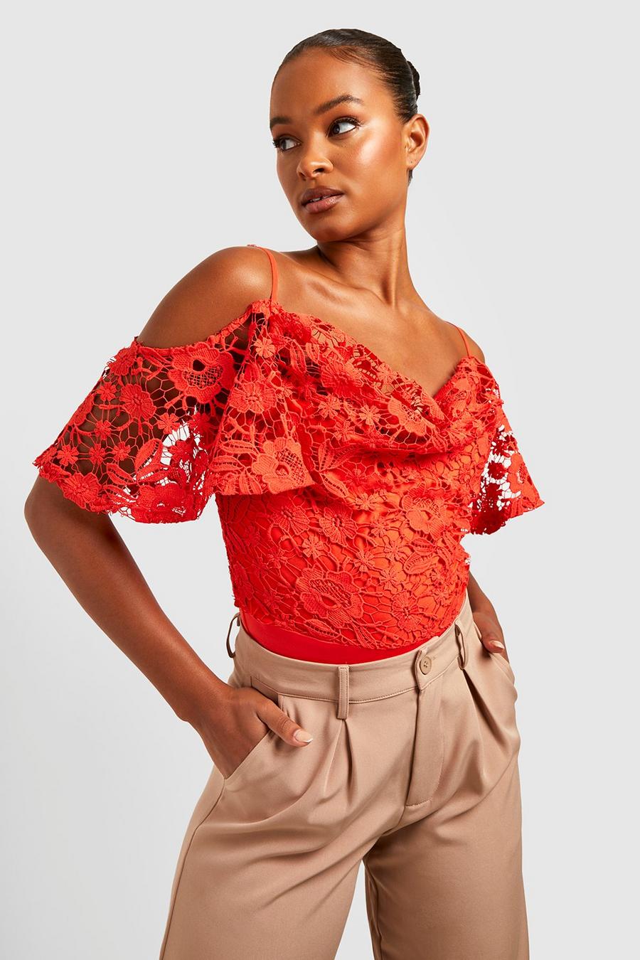 Red Tall Lace Cold Shoulder Cowl Bodysuit image number 1