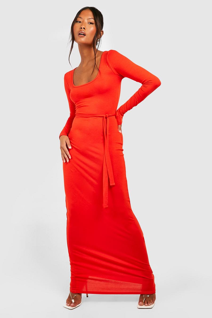 Orange Petite Square Neck Long Sleeve Belted Maxi Dress image number 1