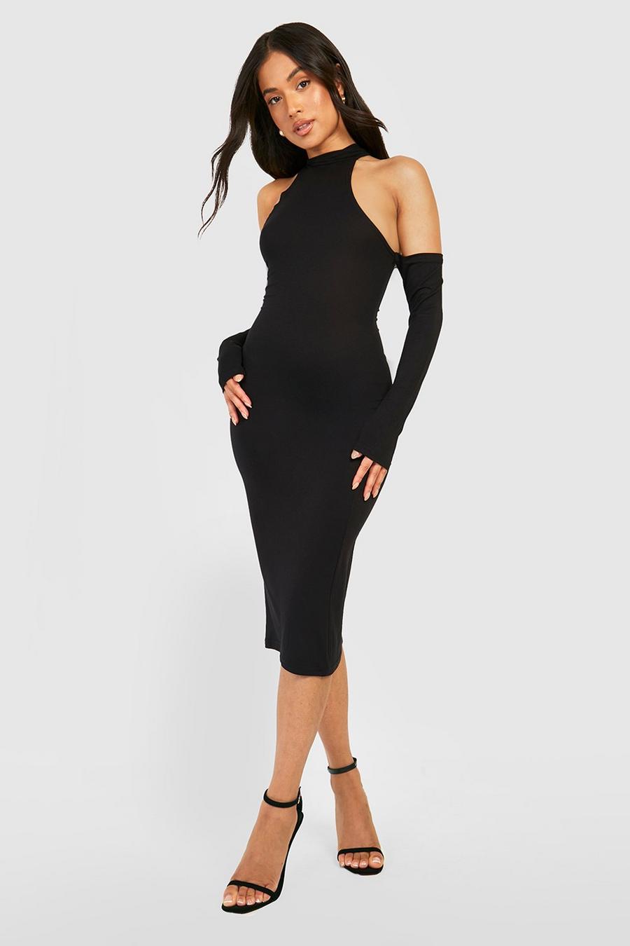 Black Petite High Neck Cold Shoulder Midi Dress image number 1