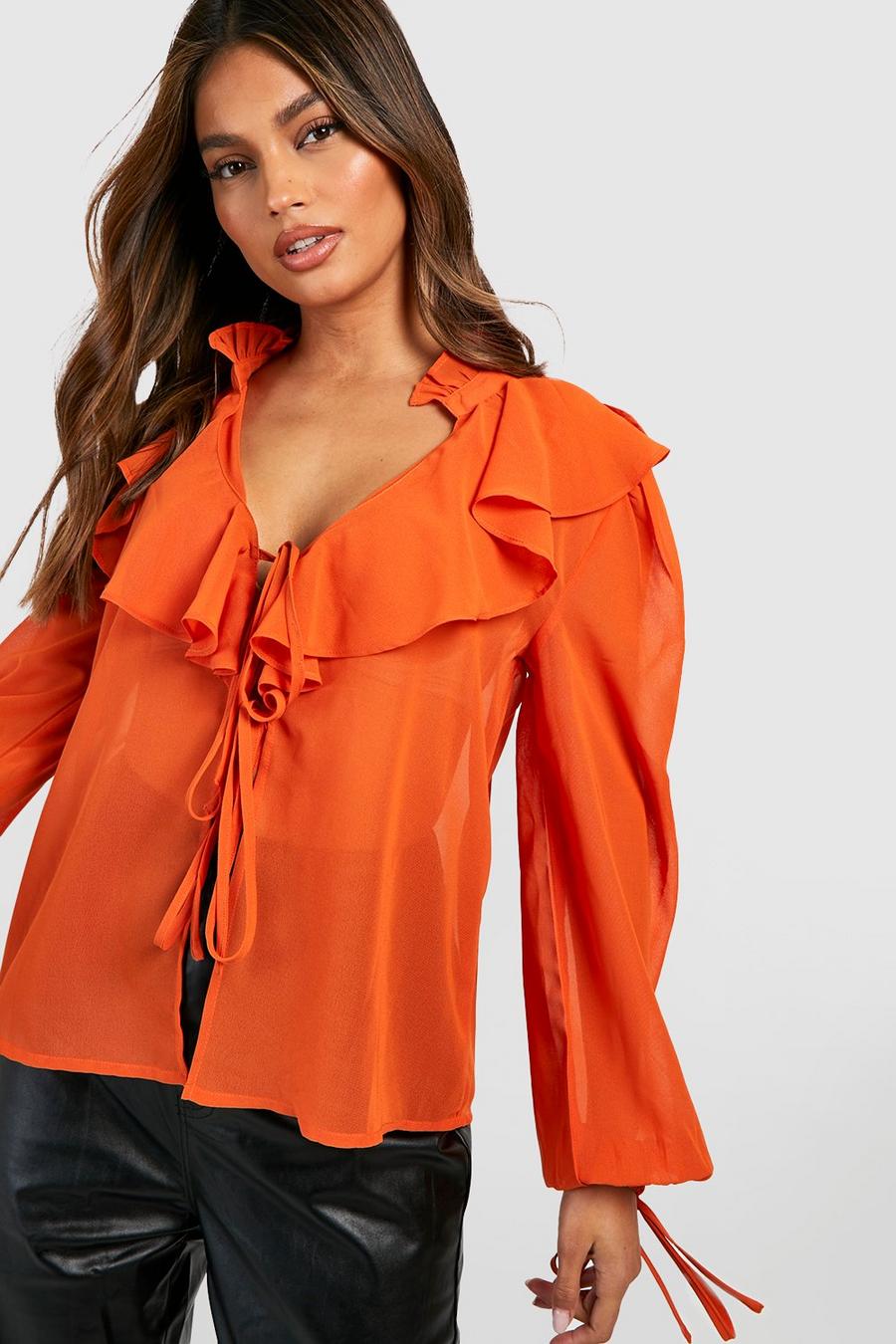 Burnt orange naranja Frill Detail Tie Front Blouse image number 1
