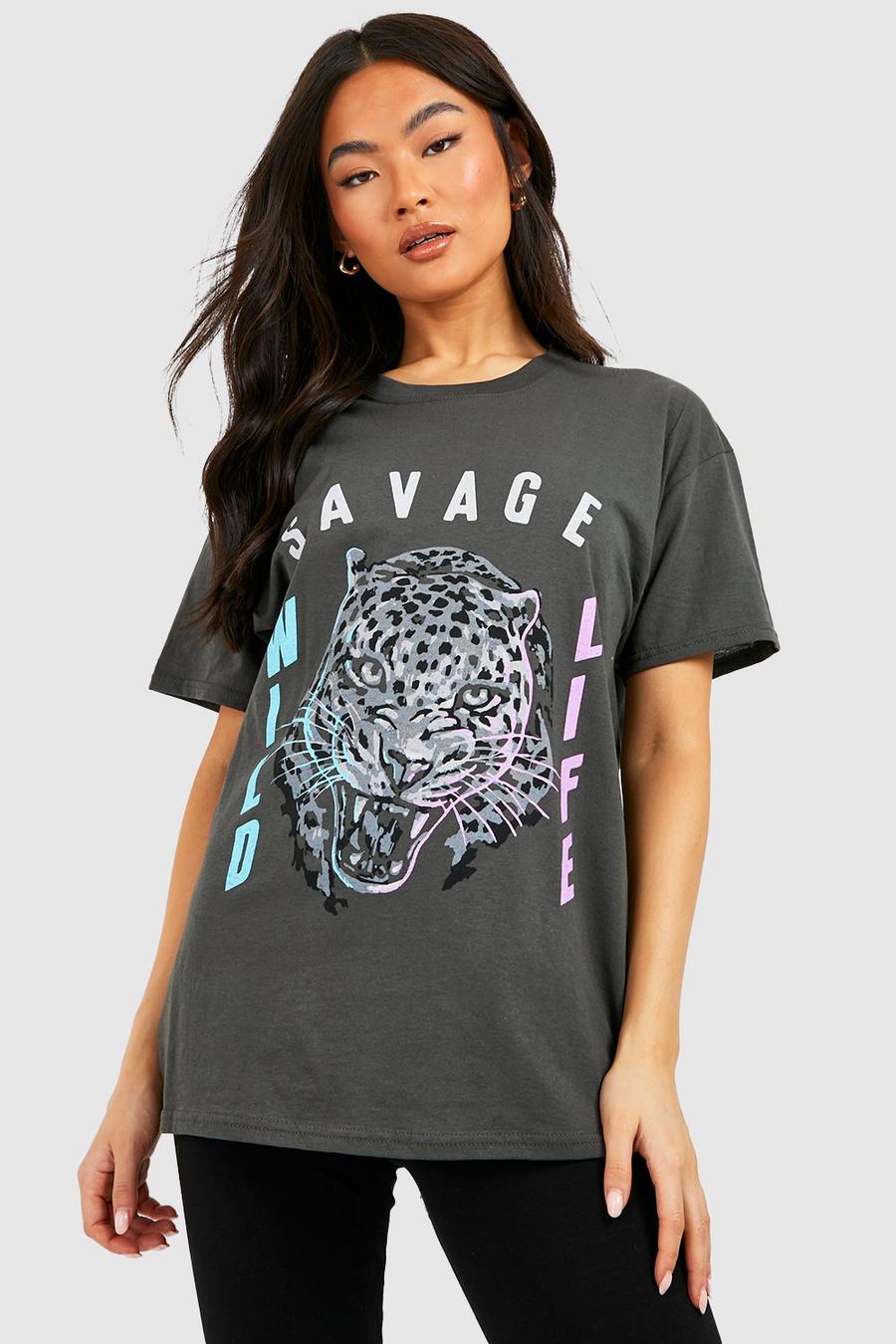 Camiseta oversize con estampado gráfico de leopardo, Charcoal image number 1