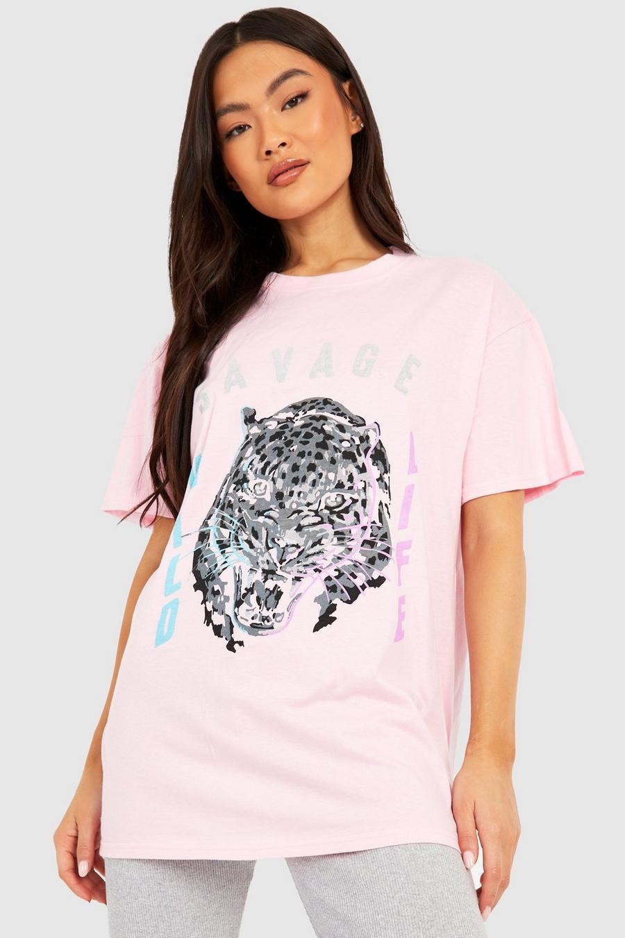 Camiseta oversize con estampado gráfico de leopardo, Light pink image number 1