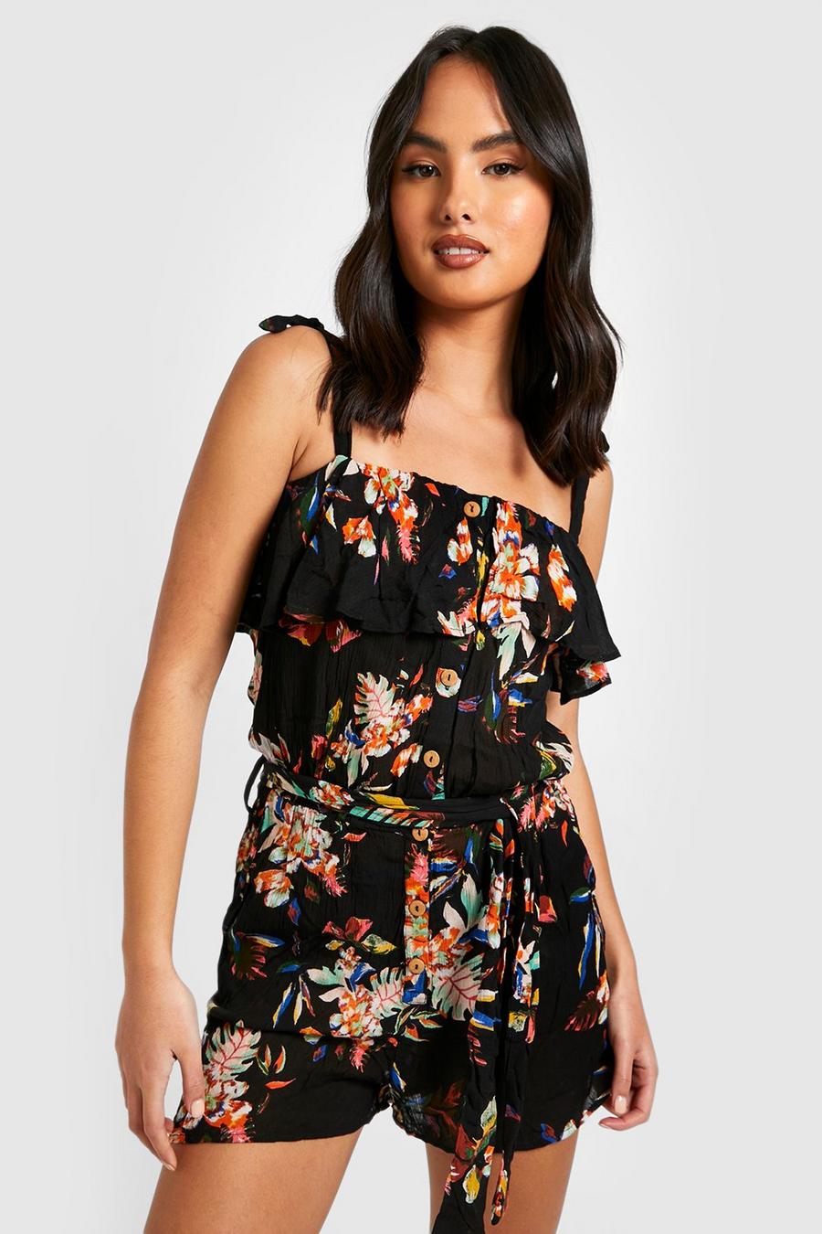 Boohoo Floral V Neck Flippy Romper in Black Womens Clothing Jumpsuits and rompers Playsuits 
