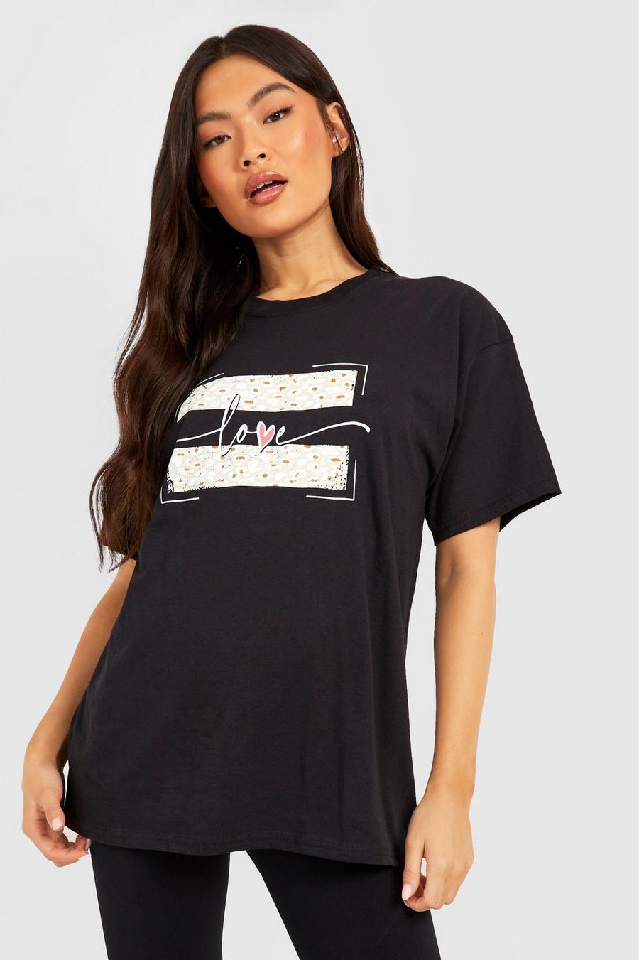 Oversize T-Shirt mit Leopardenprint und Love Slogan, Black image number 1