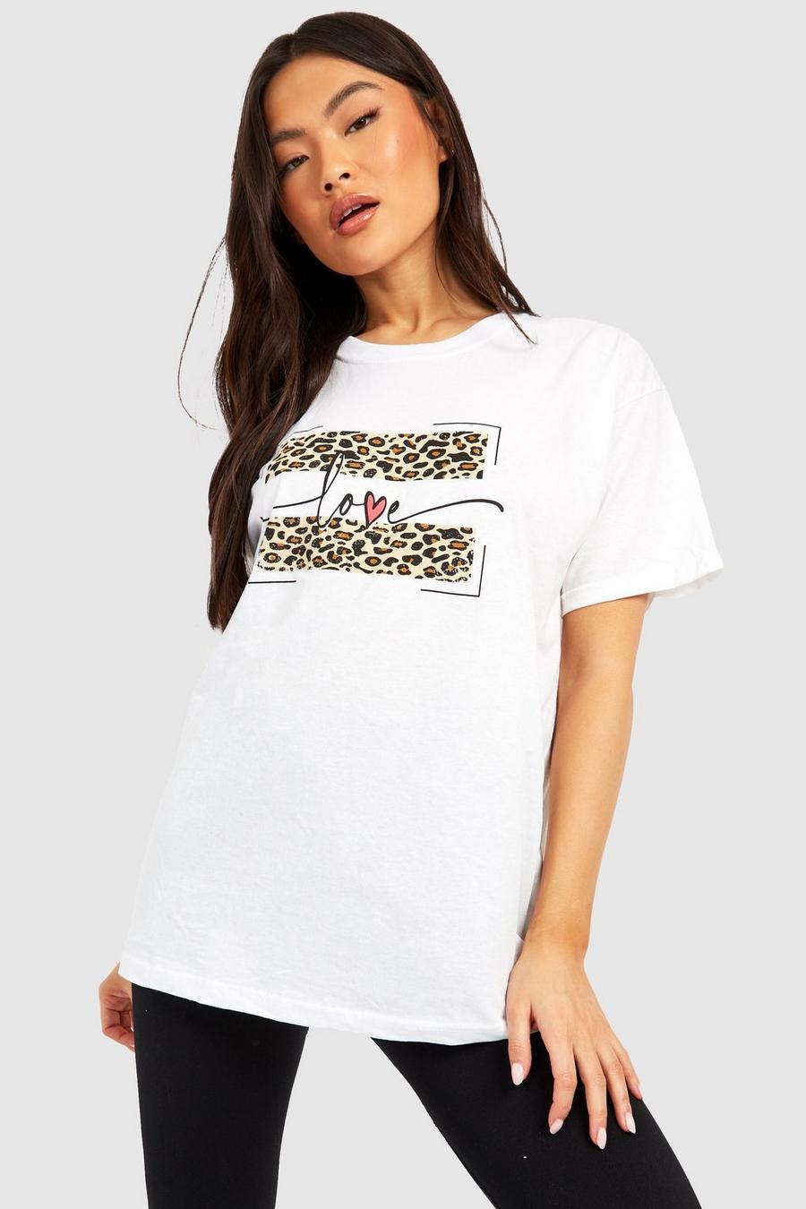 White Love Slogan Leopard Print Oversized T-shirt image number 1
