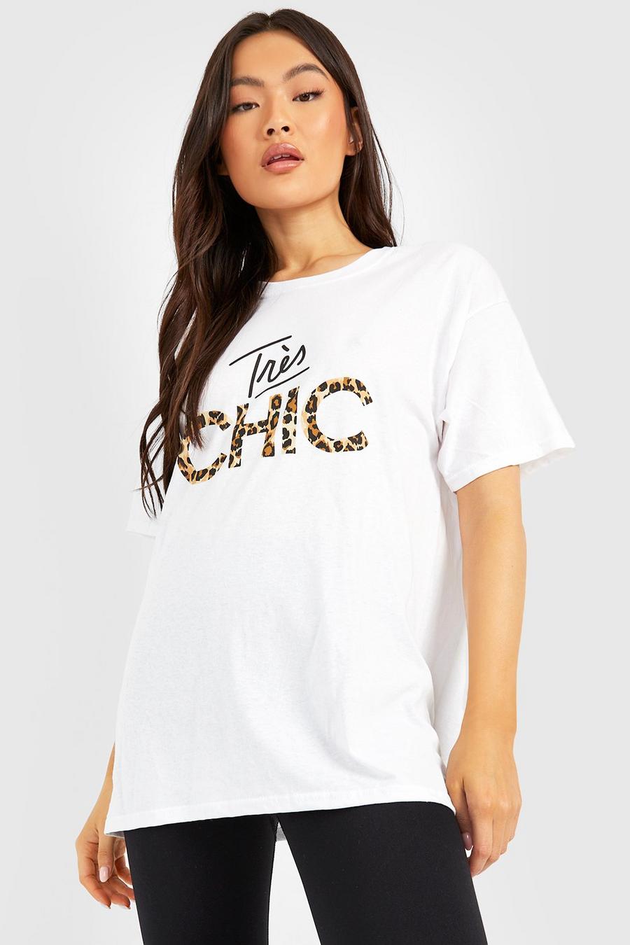 Oversize T-Shirt mit Leopardenprint und Tres Chic Print, White weiß image number 1