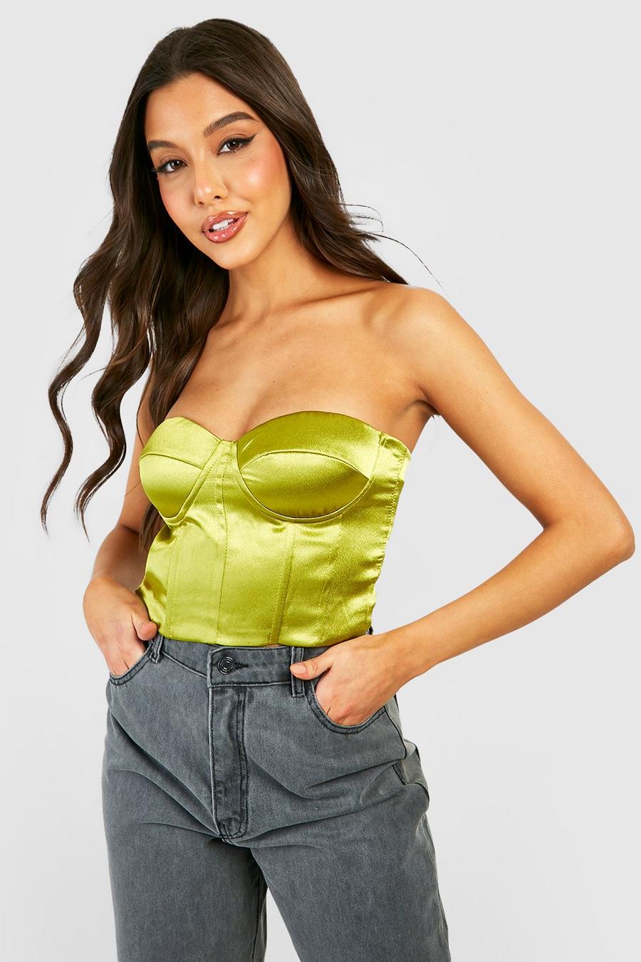 Olive Satin Strapless Corset Top image number 1