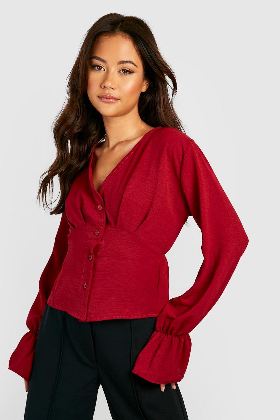 Berry Textured Button Front Blouse image number 1