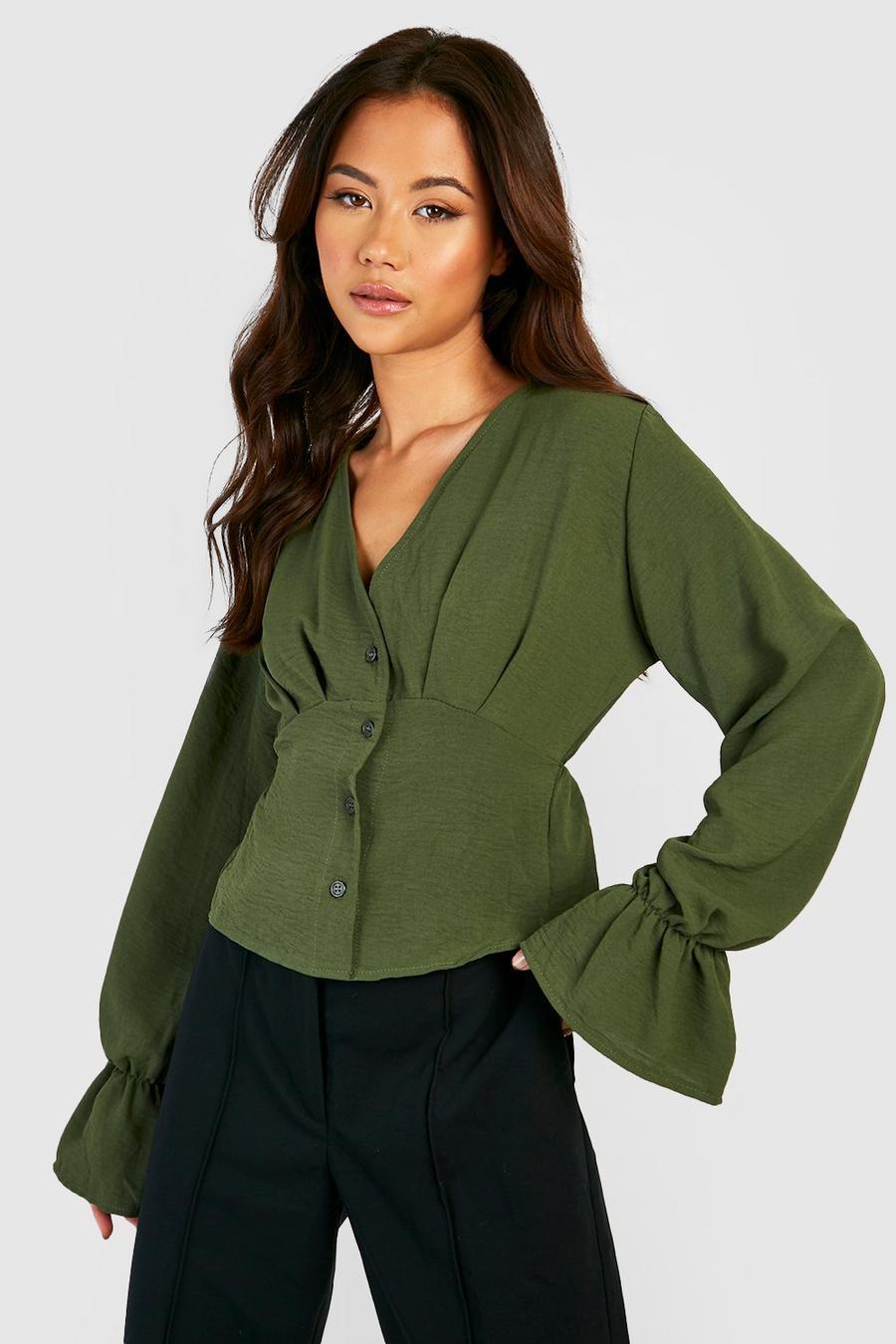 Khaki Textured Button Front Blouse image number 1