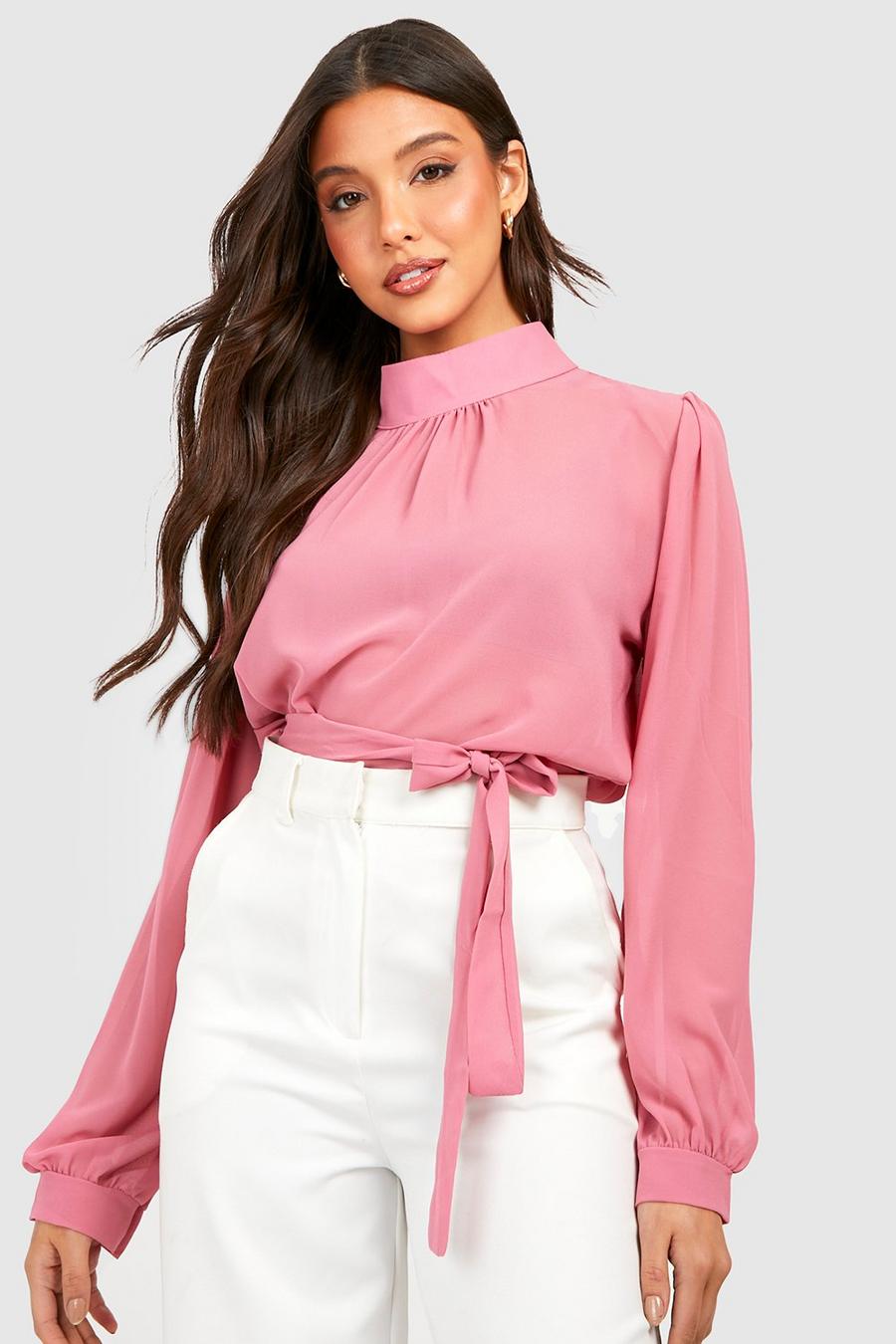 Pink High Neck Chiffon Belted Blouse image number 1