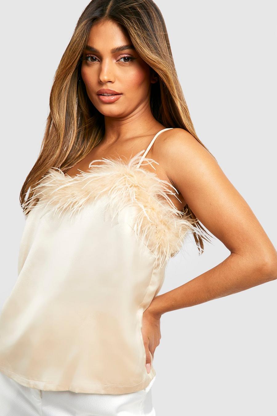 Champagne Wispy Feather Satin Cami Top image number 1