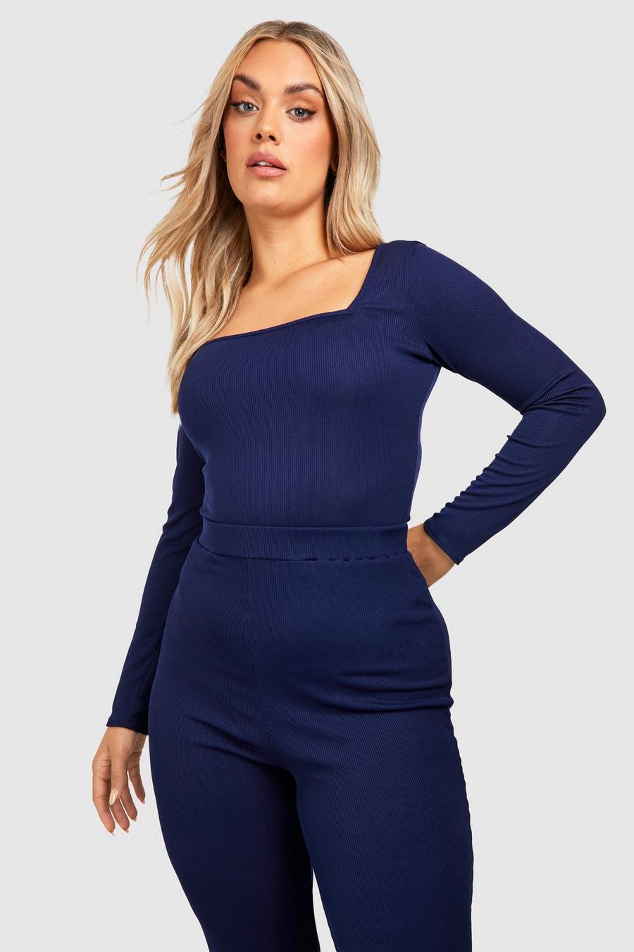Navy Plus Ribbed Square Neck Long Sleeved Bodysuit image number 1