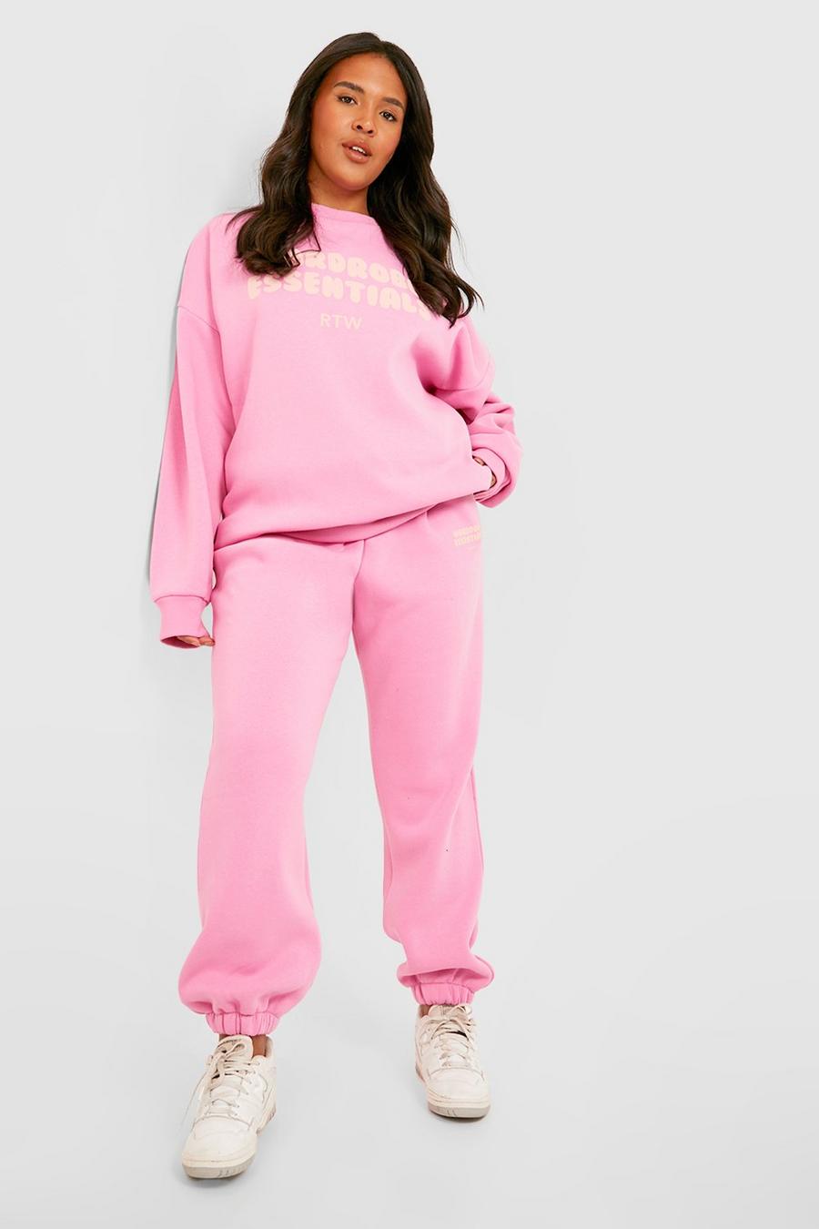 Plus Sweatshirt-Trainingsanzug mit Wardrobe Essentials Slogan, Pink