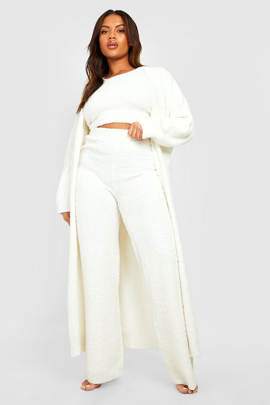 Cream white Plus Premium Fluffy Knitted Longline Cardigan image number 1