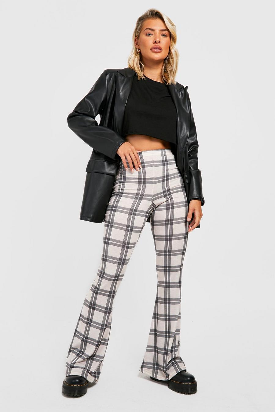 Stone Tartan High Waisted Flared Trousers image number 1