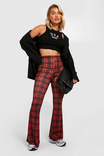 Red Plaid High Waisted Flared Pants