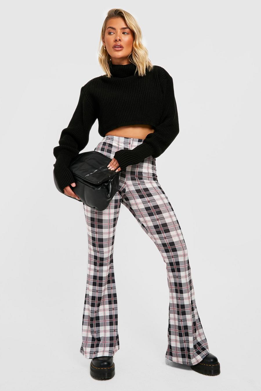 Black Tartan High Waisted Flared Trousers image number 1