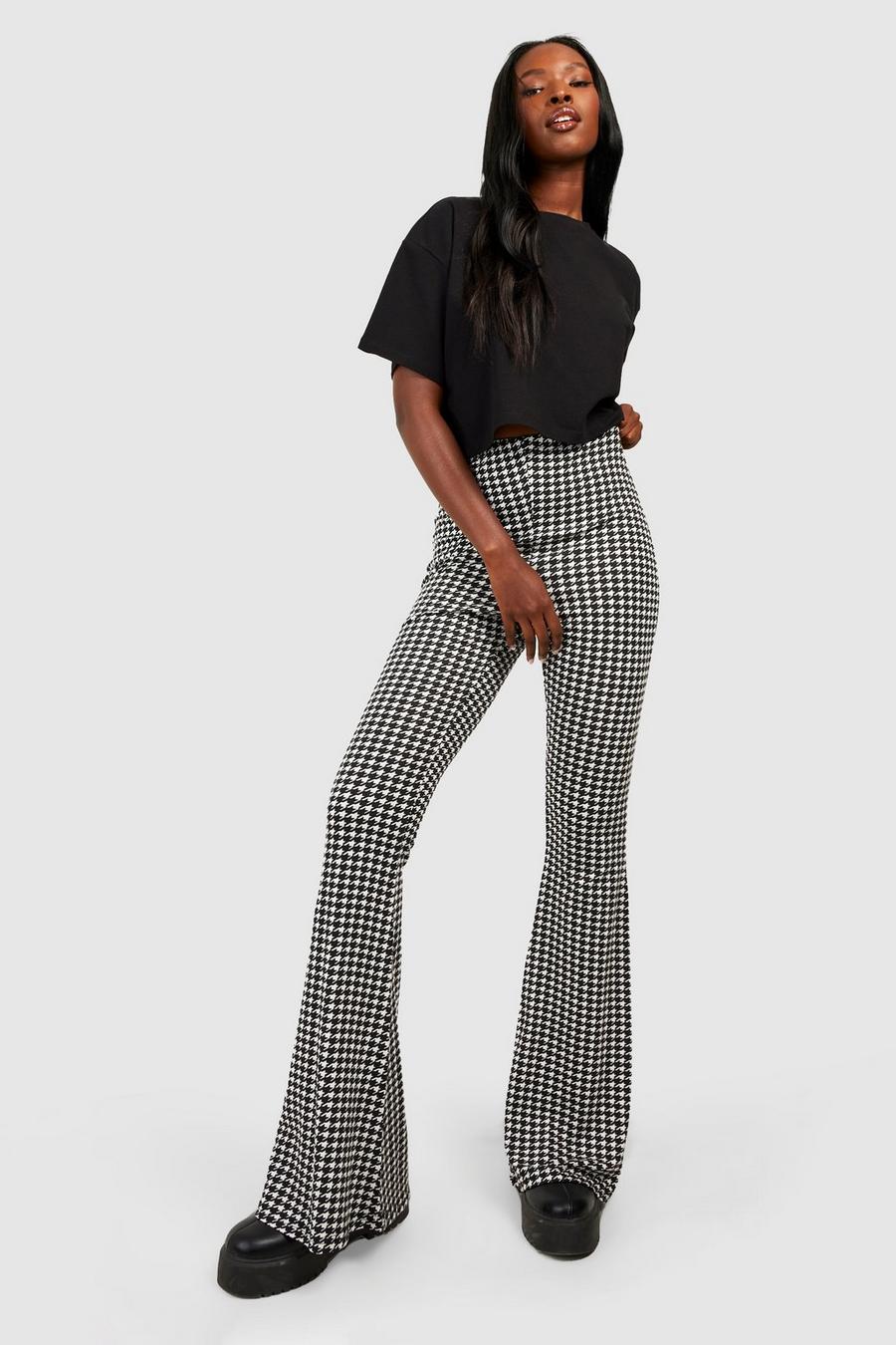 Black Houndstooth Check High Waisted Flared Pants image number 1