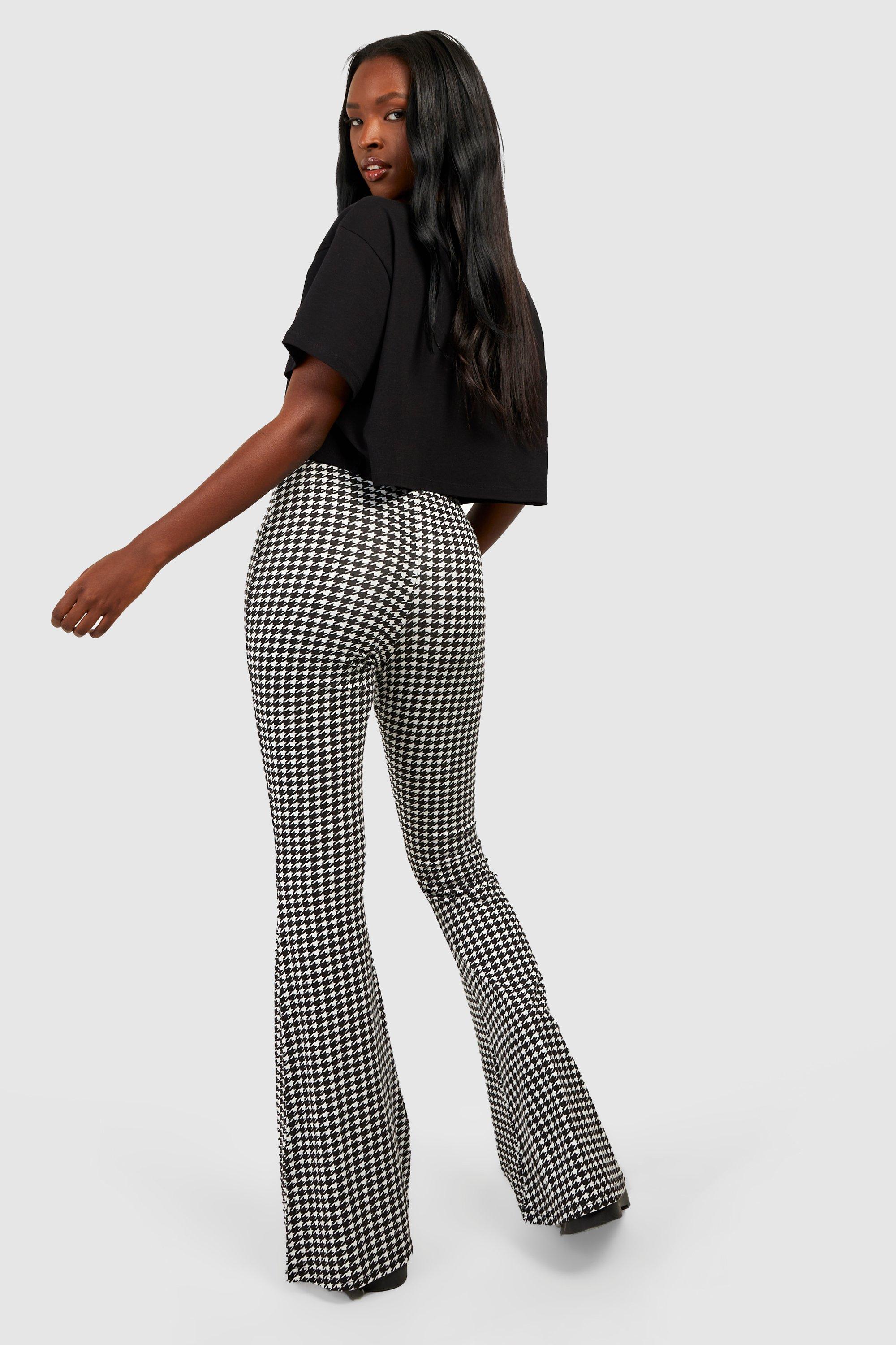 Houndstooth Check High Waisted Flared Trousers | boohoo