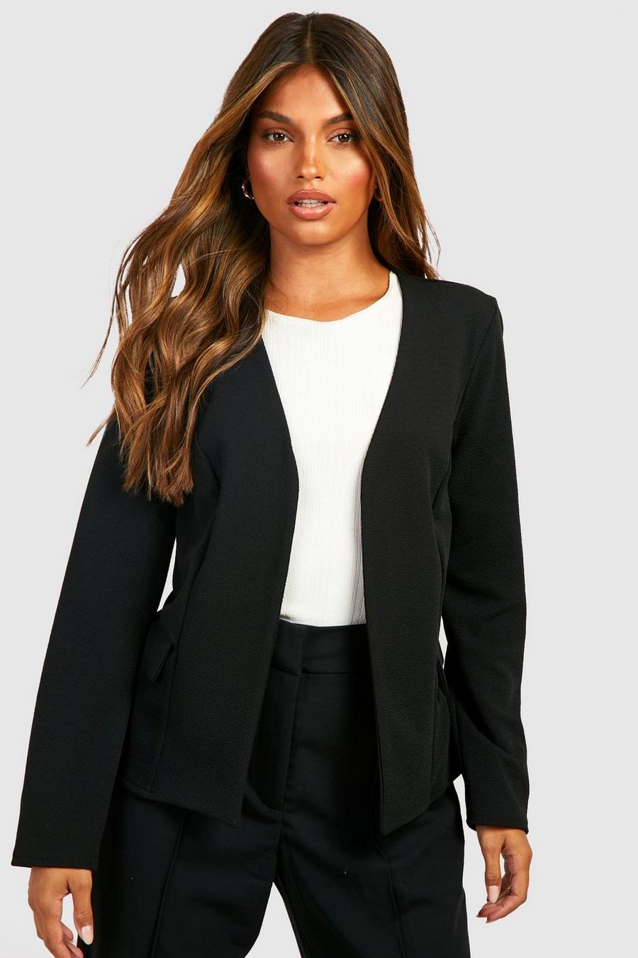 Black Basic Jersey Knit Collarless Fitted Blazer image number 1