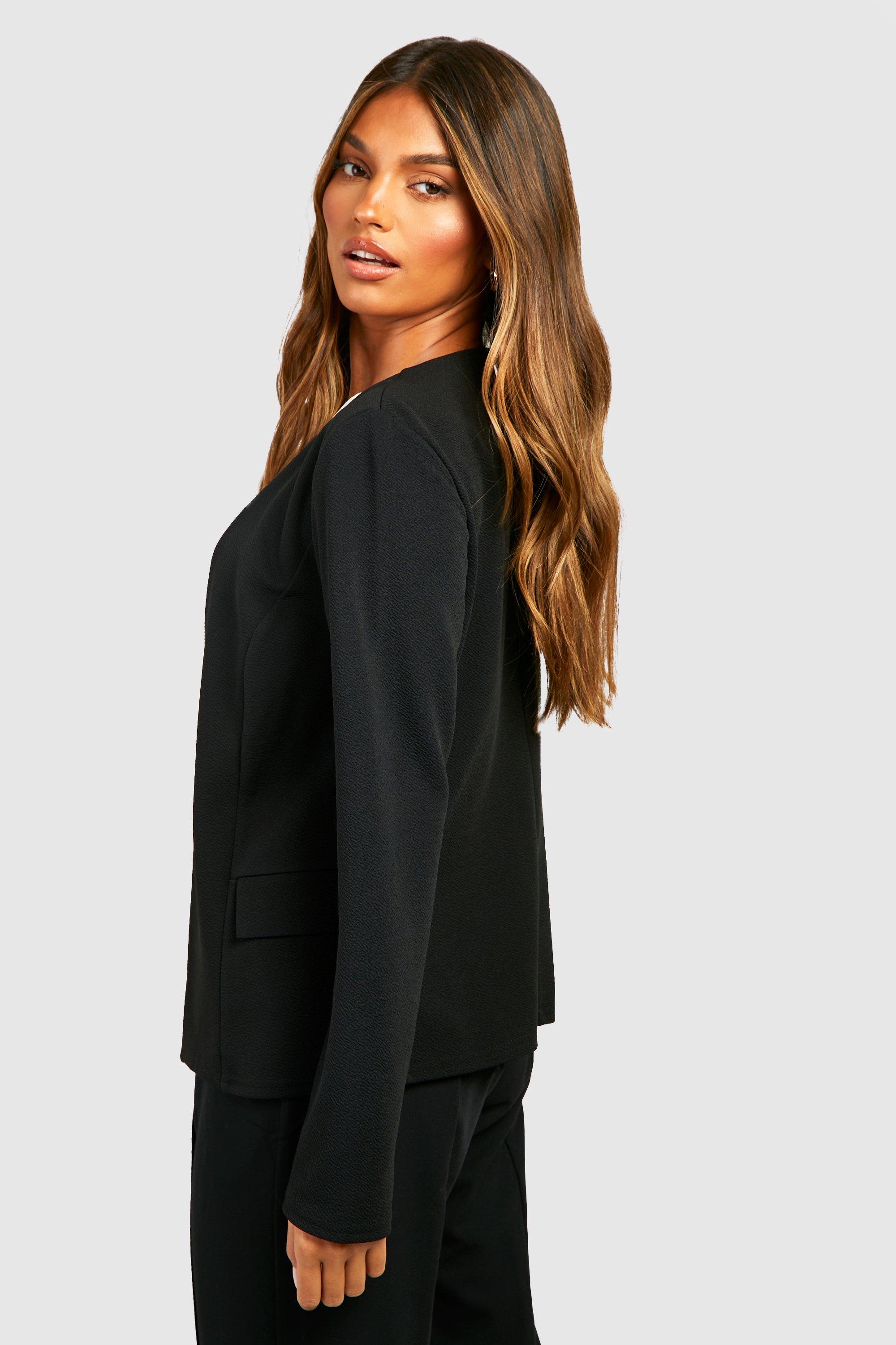 Basic Jersey Knit Collarless Fitted Blazer boohoo