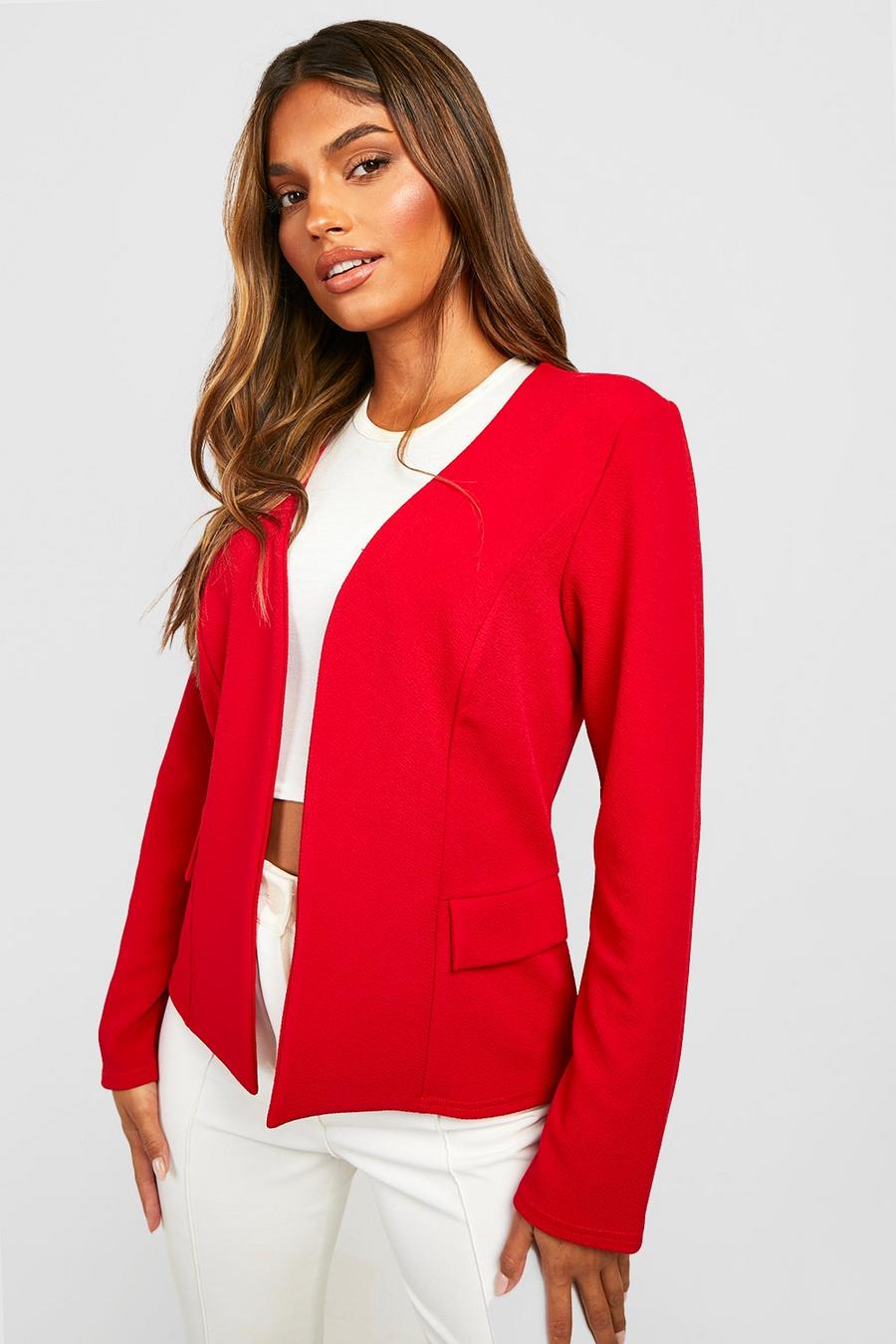 Red Basic Jersey Knit Collarless Fitted Blazer image number 1